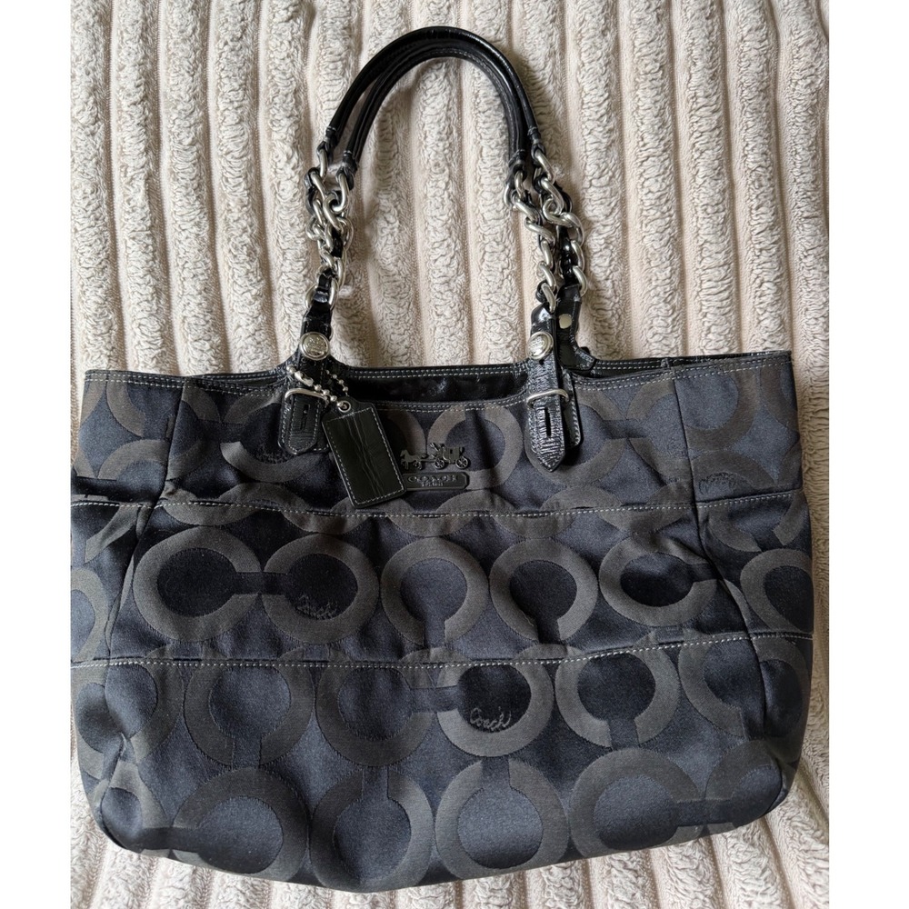 Coach Madison Op Art Black Satin Large Tote Bag Patent Trim 14133